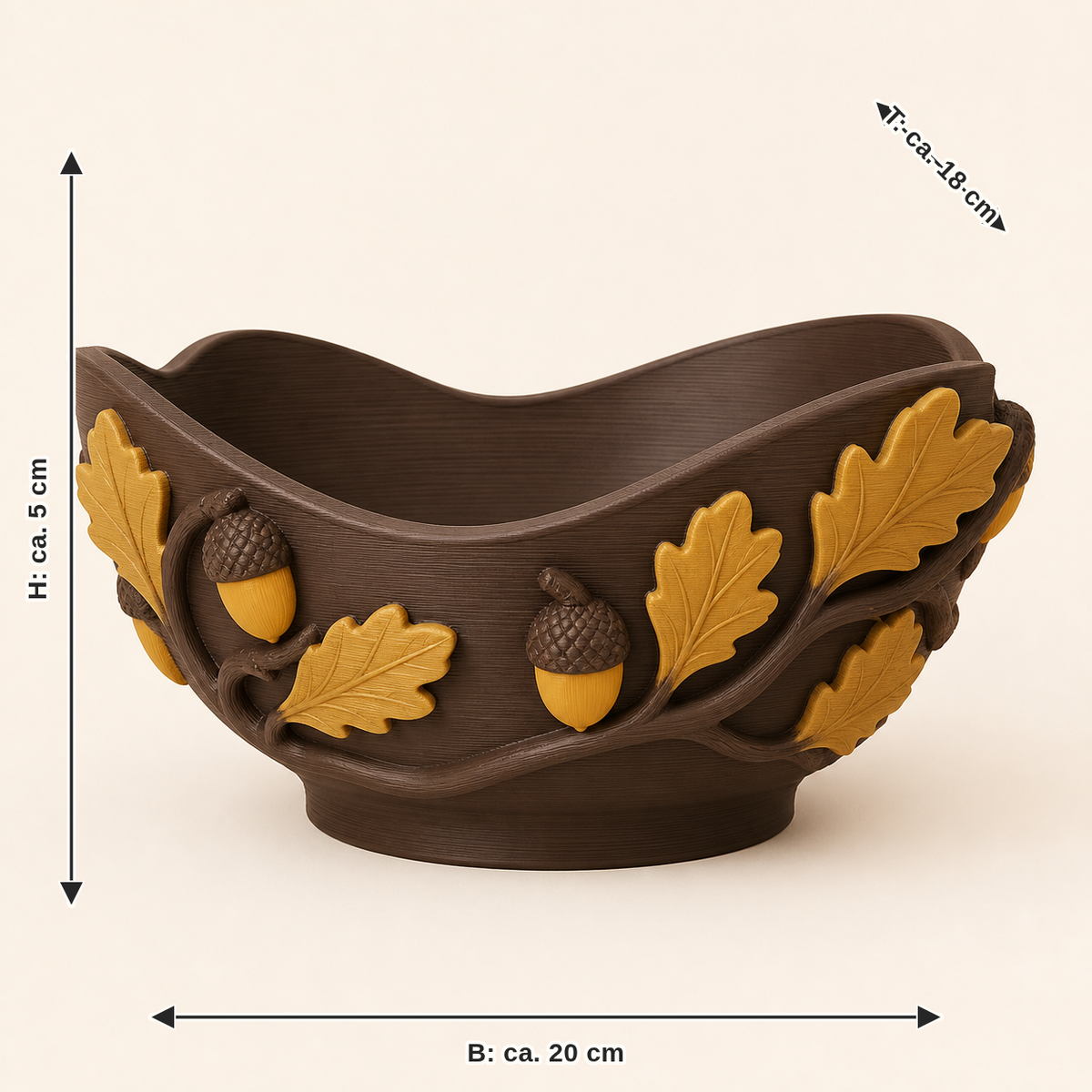 Maßbild für Eichel-Dekoschale Eichenmulde: Breite ca. 20 cm, Tiefe ca. 18 cm, Höhe ca. 5 cm