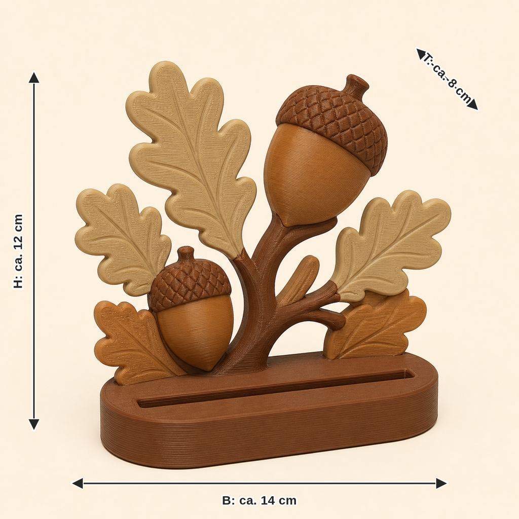 Maßbild für Eichel-Fotohalter Hainpunkt: Breite ca. 14 cm, Tiefe ca. 8 cm, Höhe ca. 12 cm