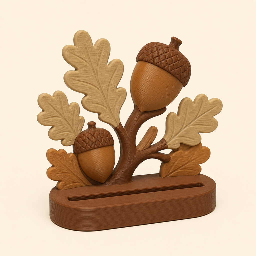 Eichel-Fotohalter Hainpunkt aus 3D-gedrucktem PETG in Kastanienbraun, Karamell, Sandbeige