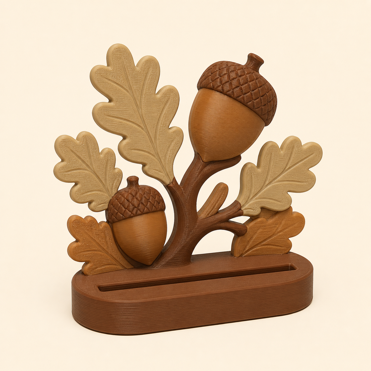 Eichel-Fotohalter Hainpunkt aus 3D-gedrucktem PETG in Kastanienbraun, Karamell, Sandbeige