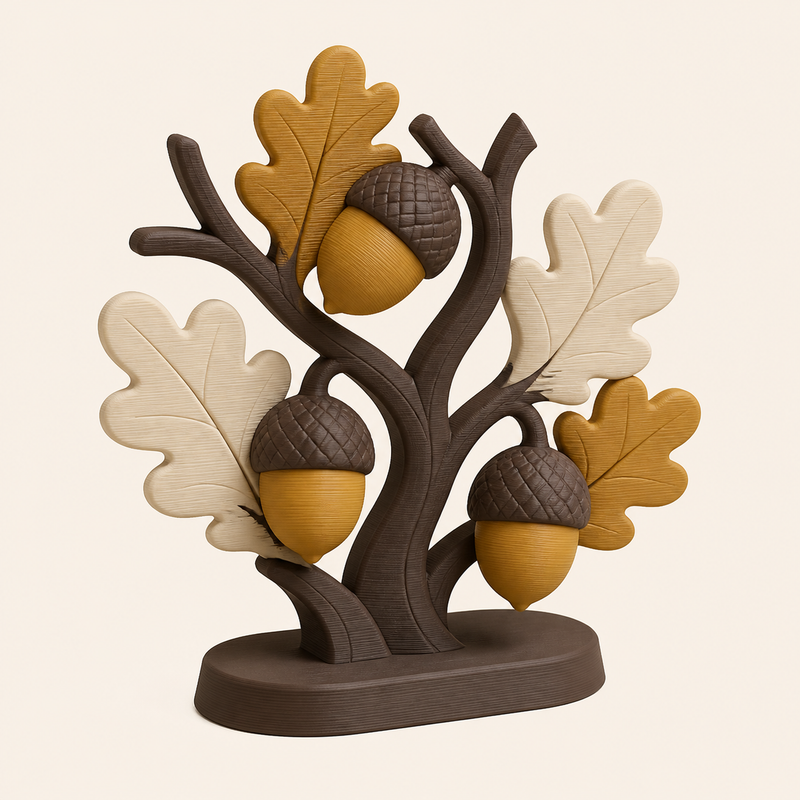 Eichel-Mini-Skulptur Waldfrucht aus 3D-gedrucktem PETG in Dunkelbraun, Ockergelb, Creme
