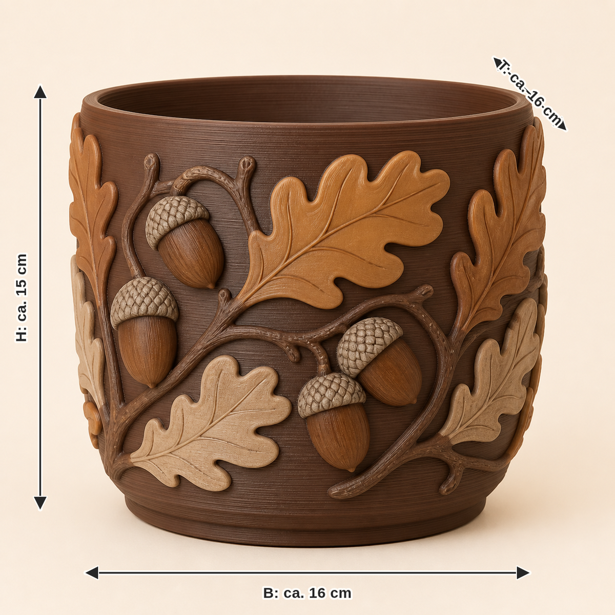Maßbild für Eichel-Pflanzübertopf Haintopf: Breite ca. 16 cm, Tiefe ca. 16 cm, Höhe ca. 15 cm