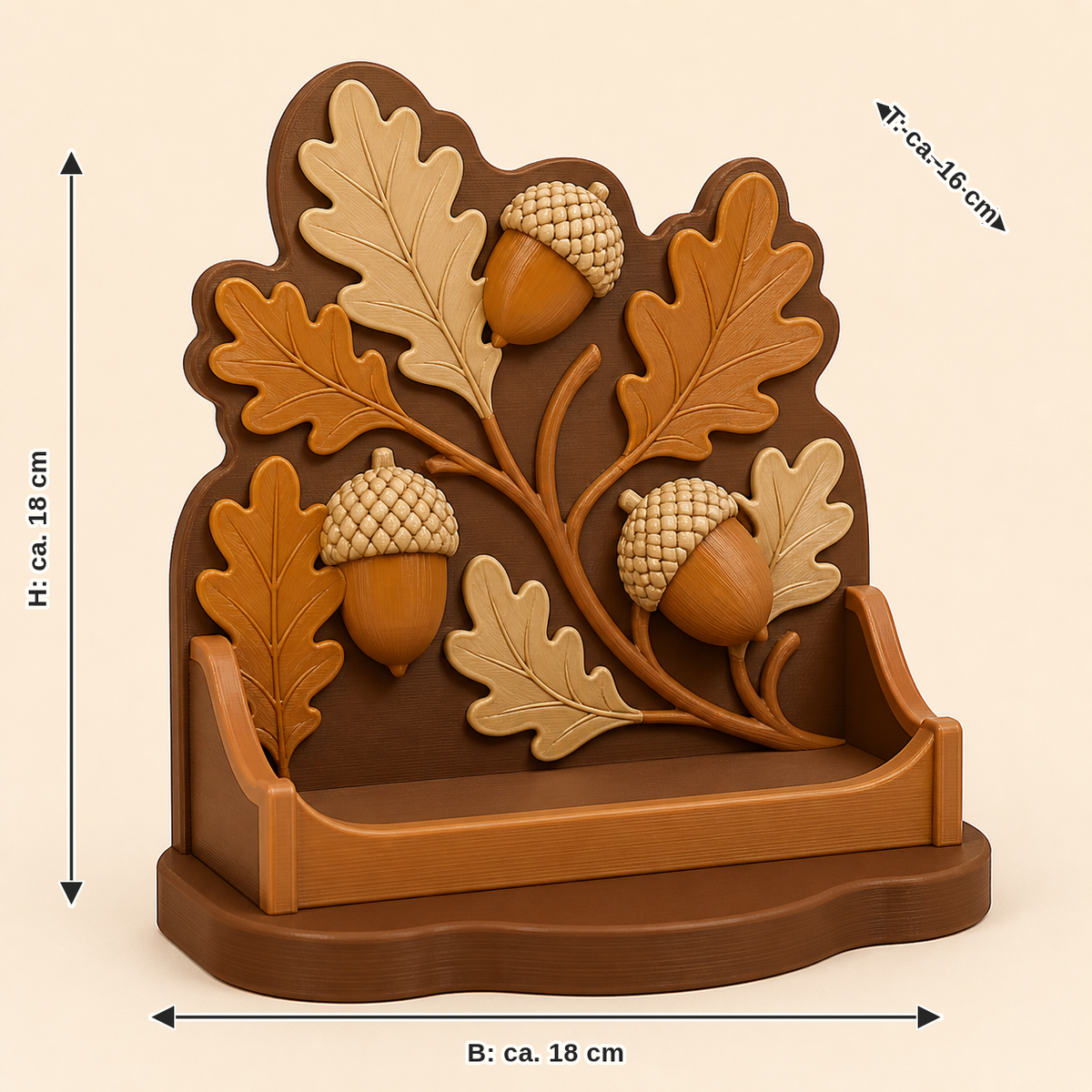 Maßbild für Eichel-Präsentationsständer Hainbühne: Breite ca. 18 cm, Tiefe ca. 16 cm, Höhe ca. 18 cm