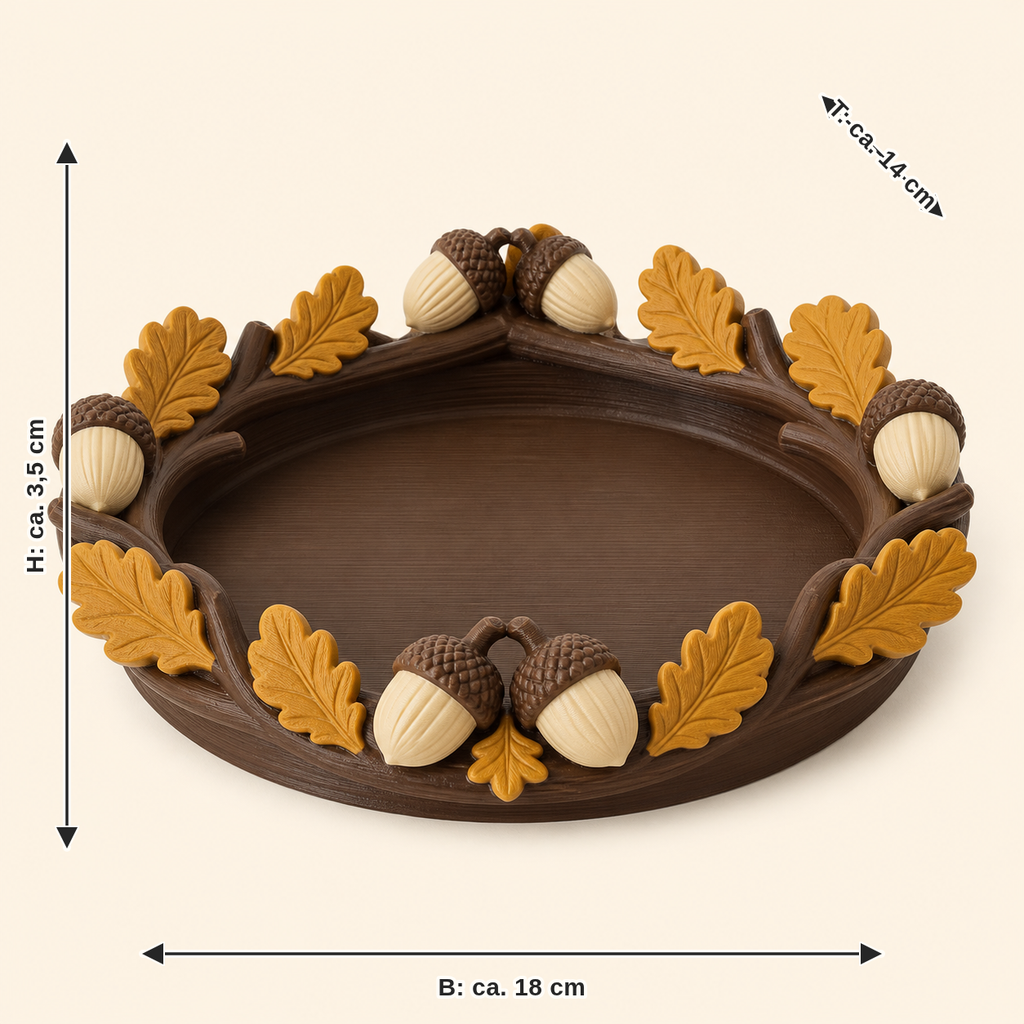 Maßbild für Eichel-Schmuckschale Eichelkranz: Breite ca. 18 cm, Tiefe ca. 14 cm, Höhe ca. 3.5 cm