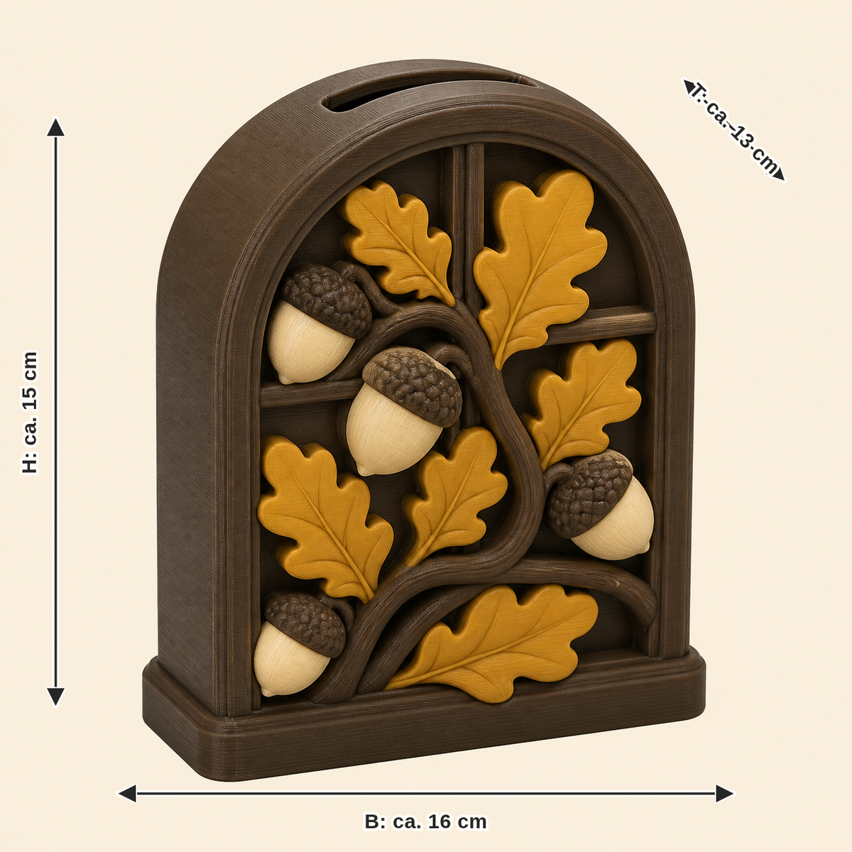Maßbild für Eichel-Sparbüchse Eichenfenster: Breite ca. 16 cm, Tiefe ca. 13 cm, Höhe ca. 15 cm