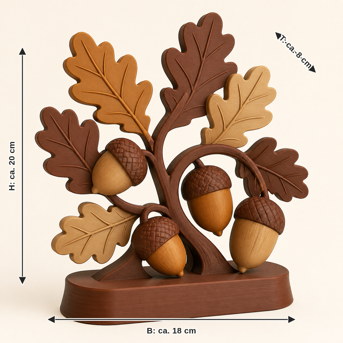 Maßbild für Eichel-Tischaufsteller Hainruhe: Breite ca. 18 cm, Tiefe ca. 8 cm, Höhe ca. 20 cm
