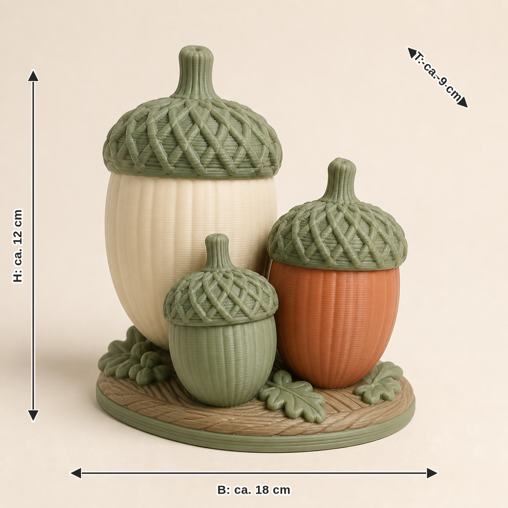 Maßbild für Eichel-Trio Waldgabe – Landhaus: Breite ca. 18 cm, Tiefe ca. 9 cm, Höhe ca. 12 cm