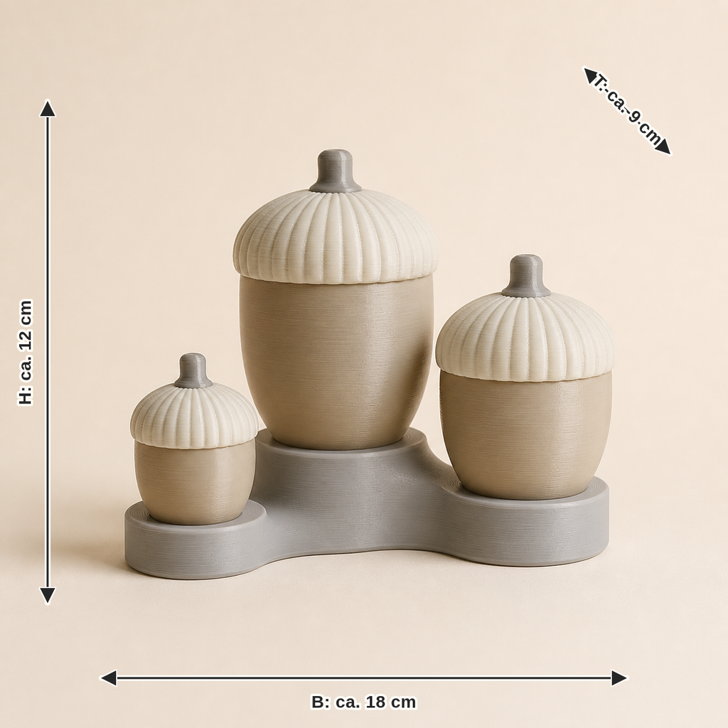 Dimensional image for Eichel-Trio Waldgabe – Minimalist: width approx. 18 cm, depth approx. 9 cm, height approx. 12 cm