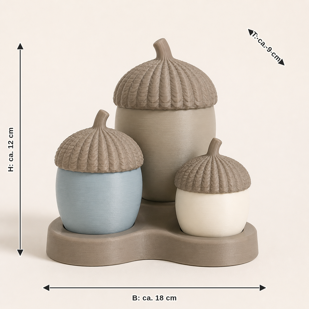 Dimensional image for Eichel-Trio Waldgabe – Serene: width about 18 cm, depth about 9 cm, height about 12 cm