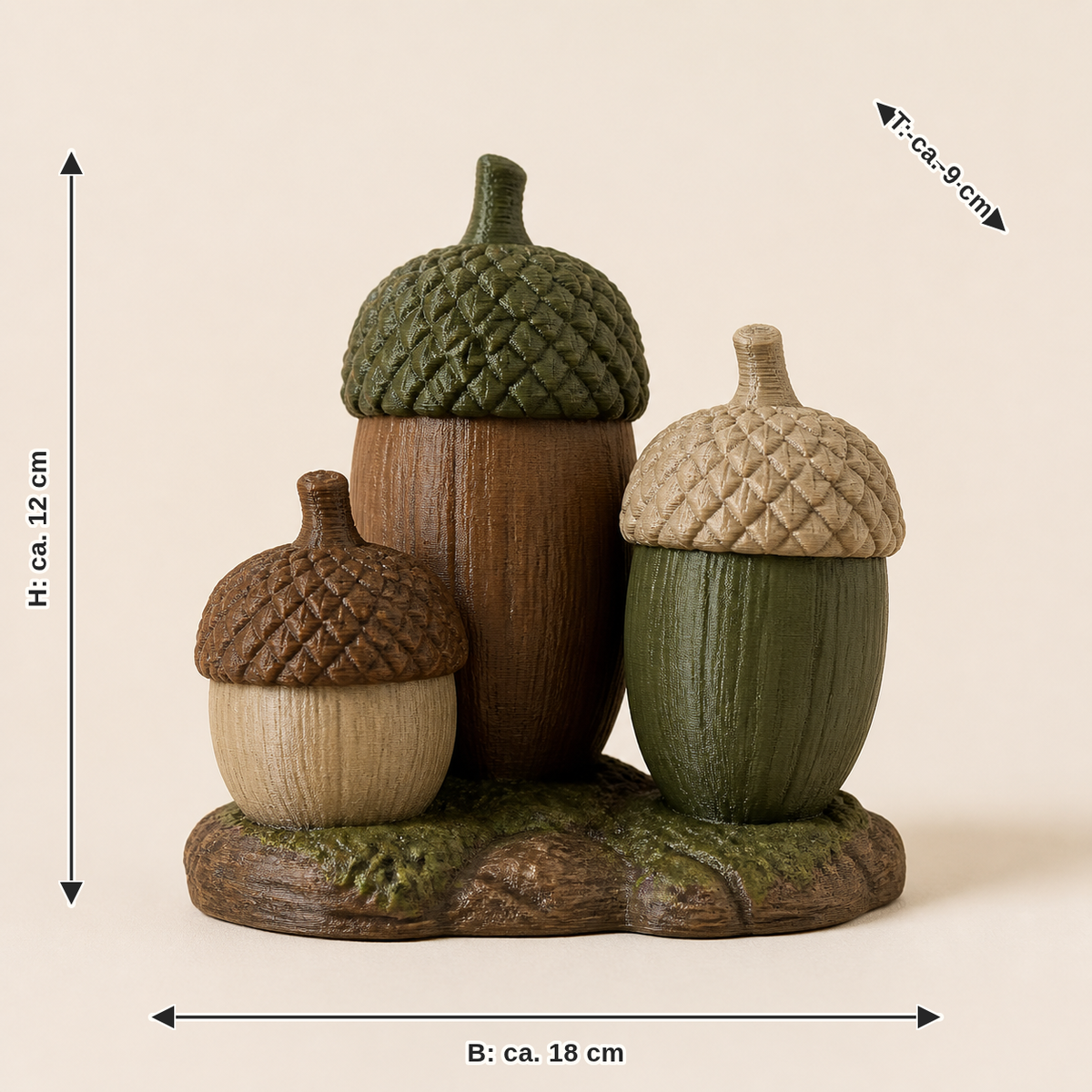 Maßbild für Eichel-Trio Waldgabe – Urig: Breite ca. 18 cm, Tiefe ca. 9 cm, Höhe ca. 12 cm