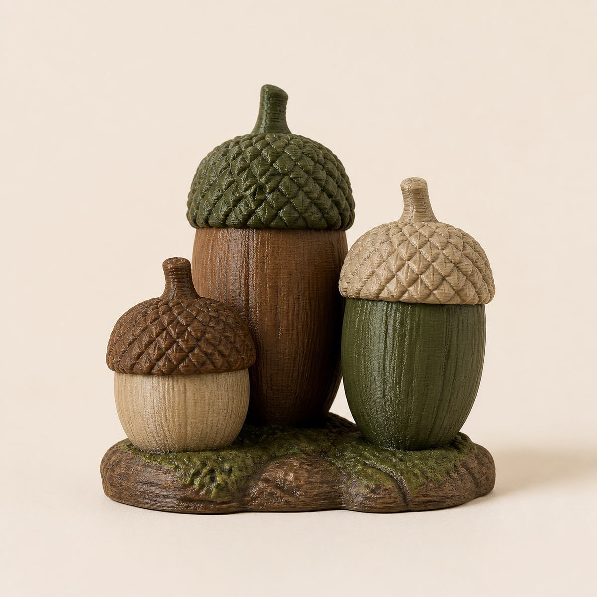 Eichel-Trio Waldgabe im Stil Urig aus 3D-gedrucktem PETG in Walnussbraun, Moosgrün, Sand