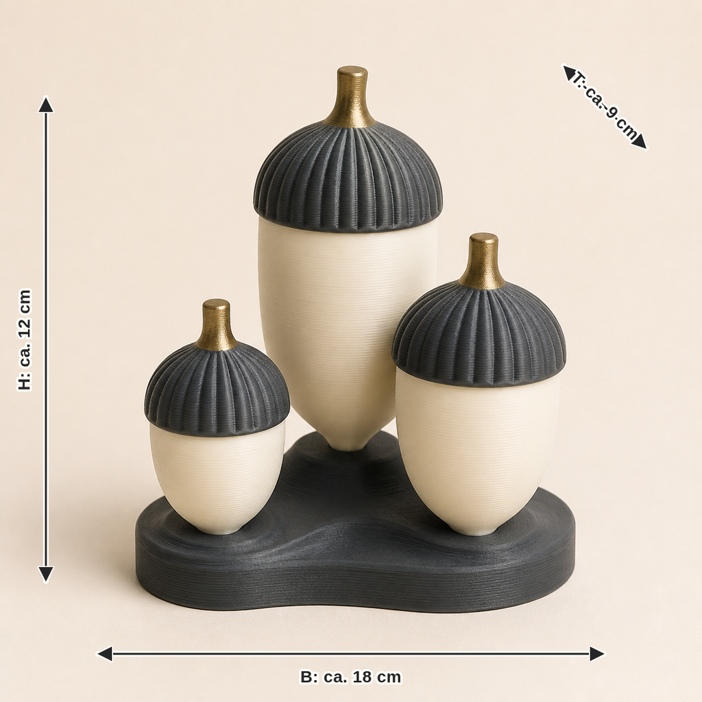 Dimensional image for Eichel-Trio Waldgabe – Timeless: width approx. 18 cm, depth approx. 9 cm, height approx. 12 cm