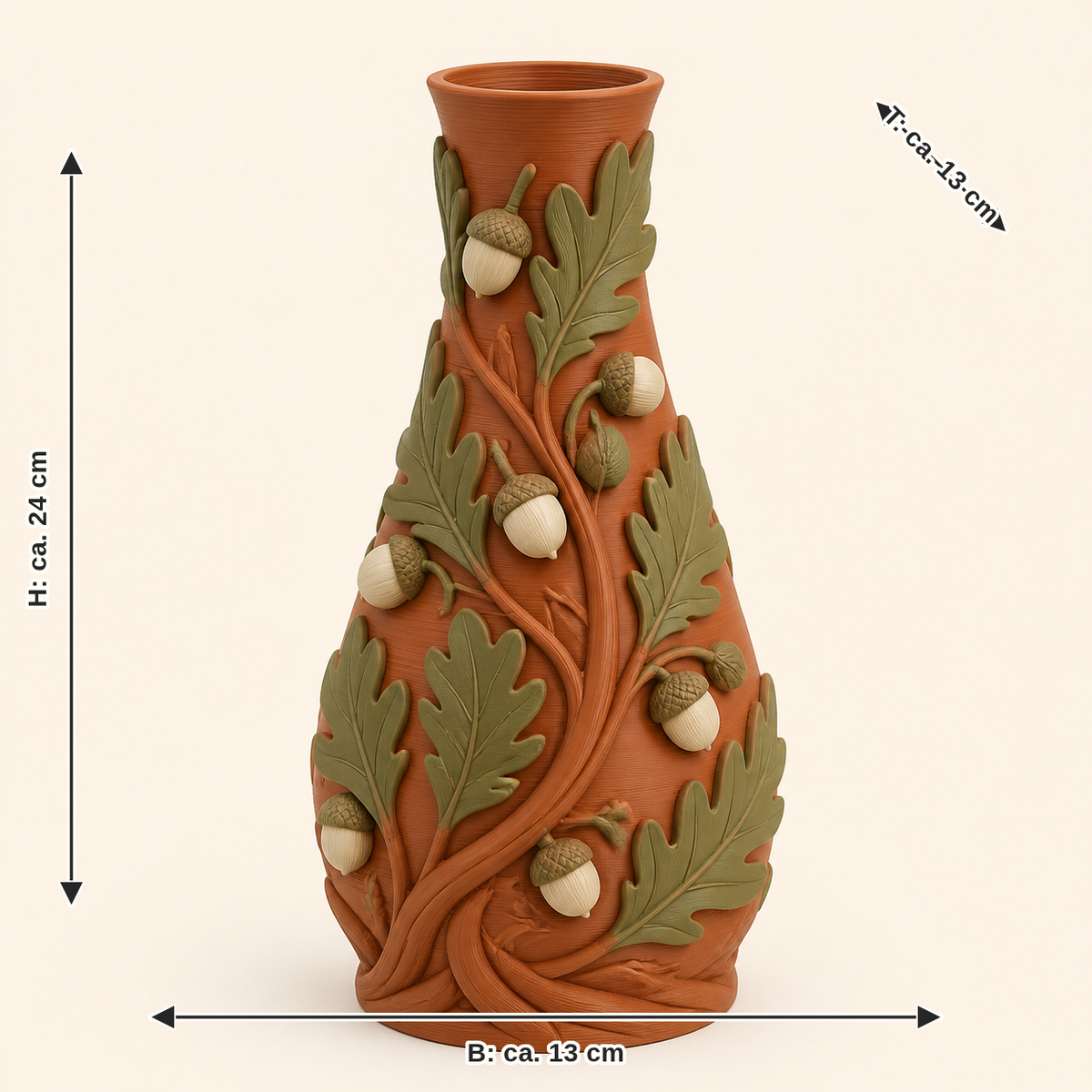 Maßbild für Eichel-Trockenblumen-Vase Eichenstiel: Breite ca. 13 cm, Tiefe ca. 13 cm, Höhe ca. 24 cm