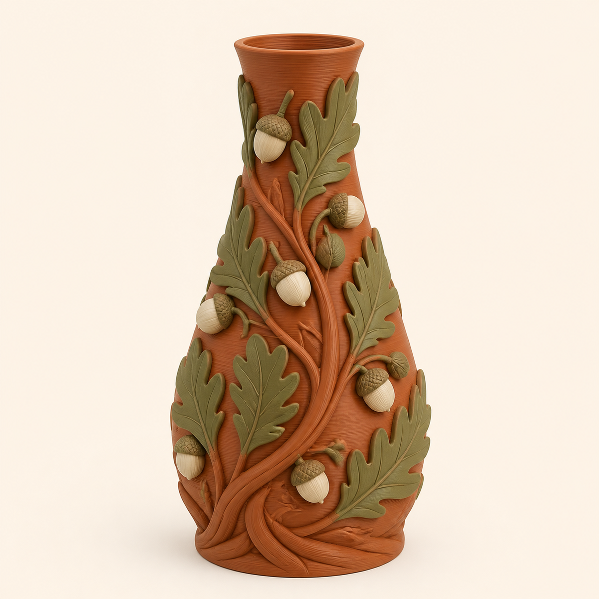 Eichel-Trockenblumen-Vase Eichenstiel aus 3D-gedrucktem PETG in Terrakotta, Olivgrün, Warmweiß