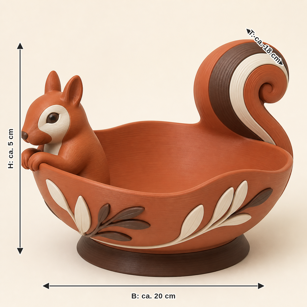 Maßbild für Eichhörnchen-Dekoschale Motivschale: Breite ca. 20 cm, Tiefe ca. 18 cm, Höhe ca. 5 cm