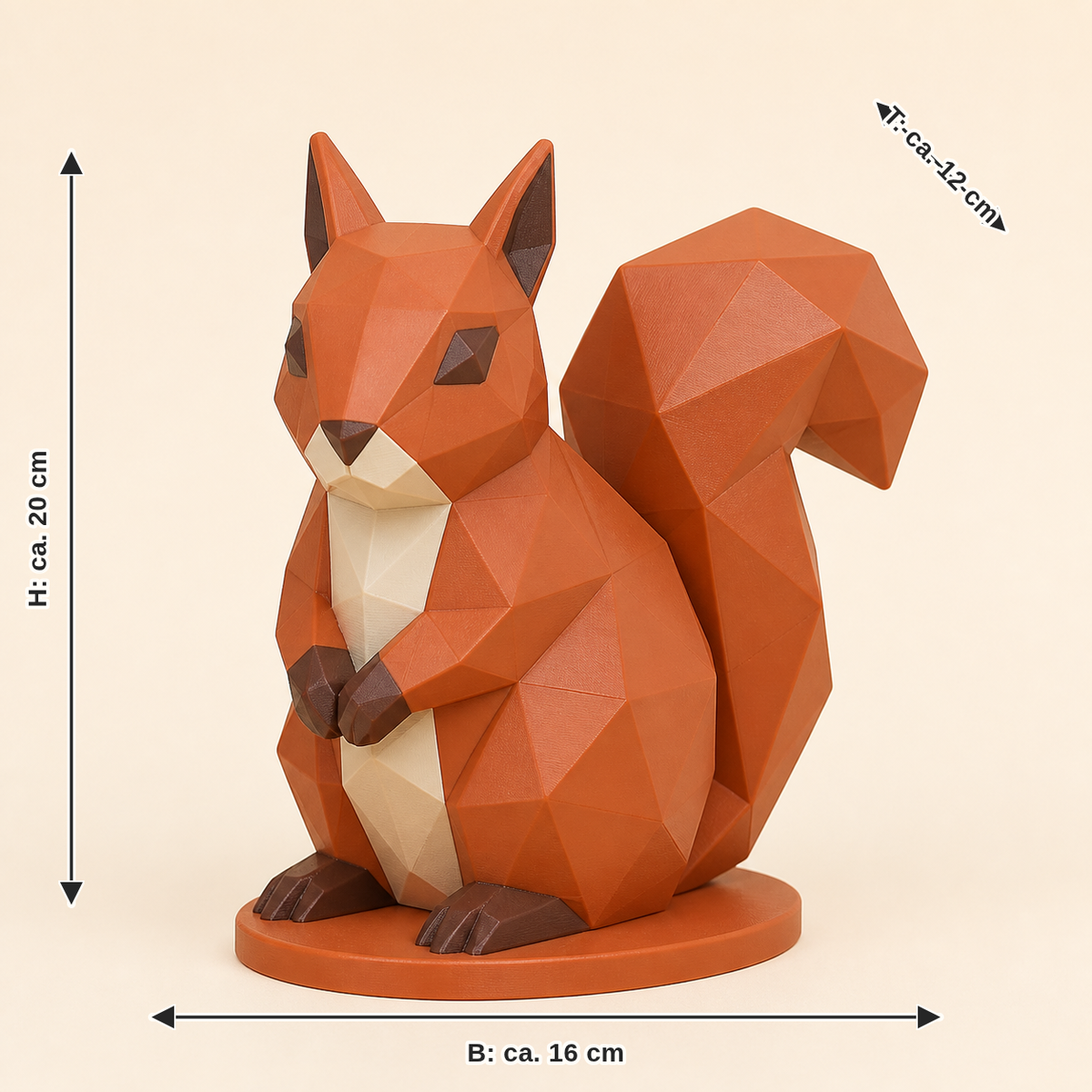 Maßbild für Eichhörnchen-Low-Poly-Skulptur Facettenfigur: Breite ca. 16 cm, Tiefe ca. 12 cm, Höhe ca. 20 cm