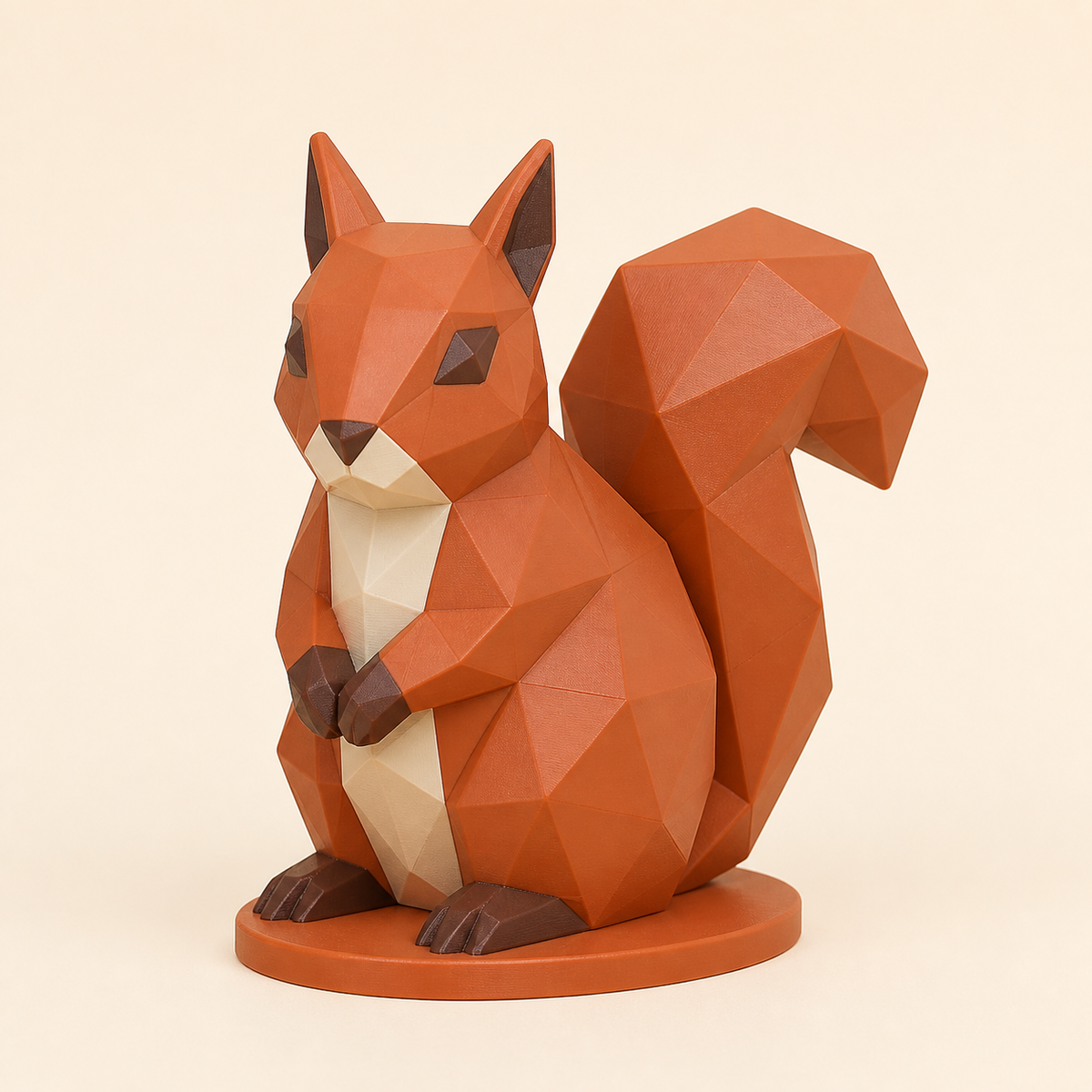 Eichhörnchen-Low-Poly-Skulptur Facettenfigur aus 3D-gedrucktem PETG in Terrakotta, Kastanienbraun, Knochenweiß