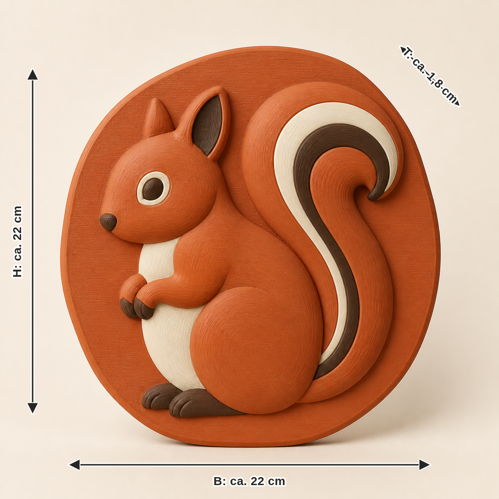 Maßbild für Eichhörnchen-Wandrelief Tierporträt: Breite ca. 22 cm, Tiefe ca. 1.8 cm, Höhe ca. 22 cm