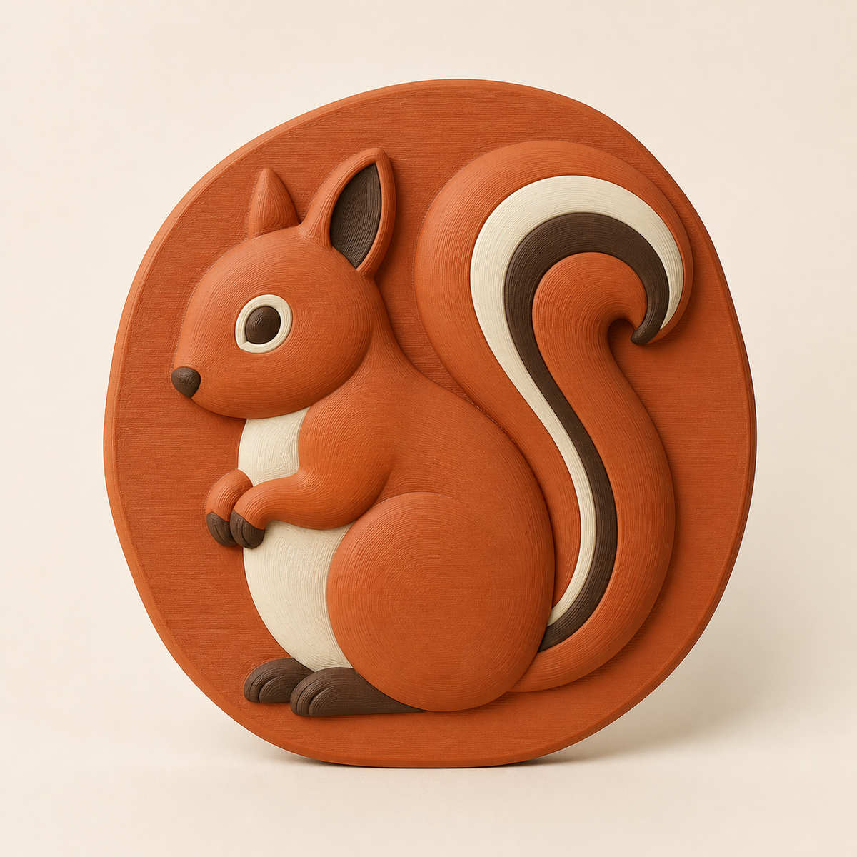 Eichhörnchen-Wandrelief Tierporträt aus 3D-gedrucktem PETG in Terrakotta, Kastanienbraun, Knochenweiß