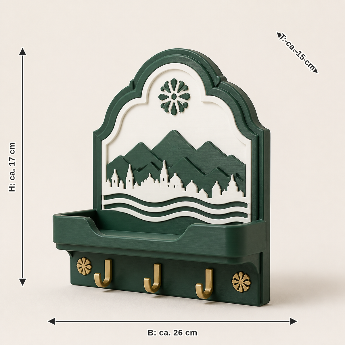 Dimensional image for entrance table Alpenbogen – Salzburg: width approx. 26 cm, depth approx. 15 cm, height approx. 17 cm
