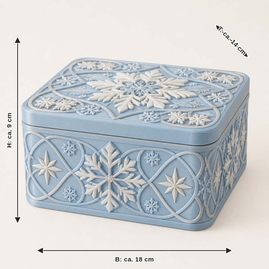 Maßbild für Eiskristall-Aufbewahrungsbox Frostbox: Breite ca. 18 cm, Tiefe ca. 14 cm, Höhe ca. 9 cm