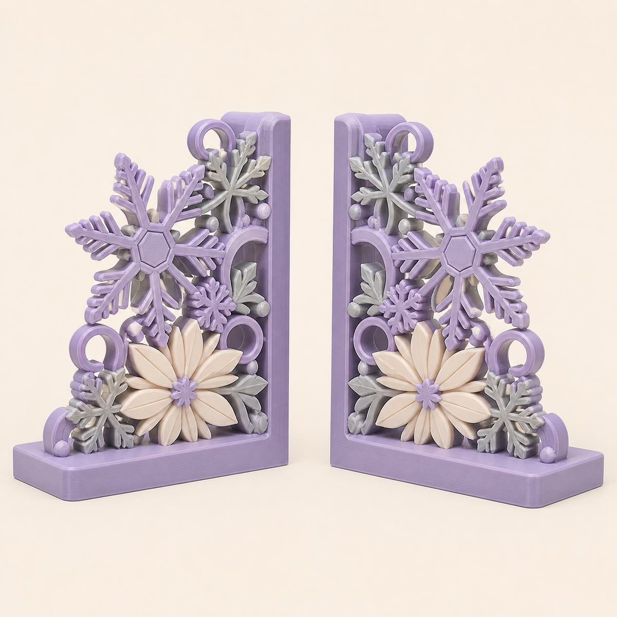 Eiskristall-Buchstützen-Paar Doppelflocke aus 3D-gedrucktem PETG in Lavendel, Perlgrau, Creme