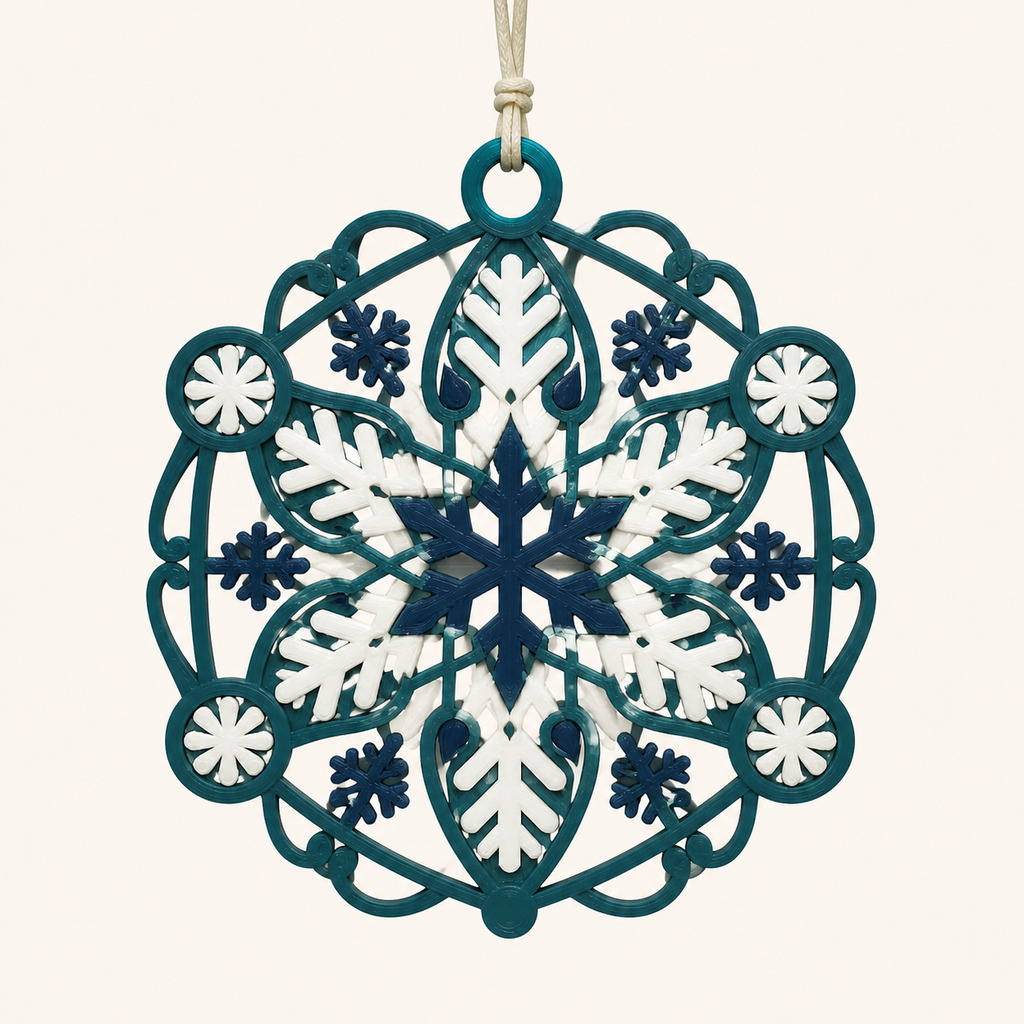 Eiskristall-Fensteranhänger Frostfenster aus 3D-gedrucktem PETG in Petrol, Frostweiß, Nachtblau