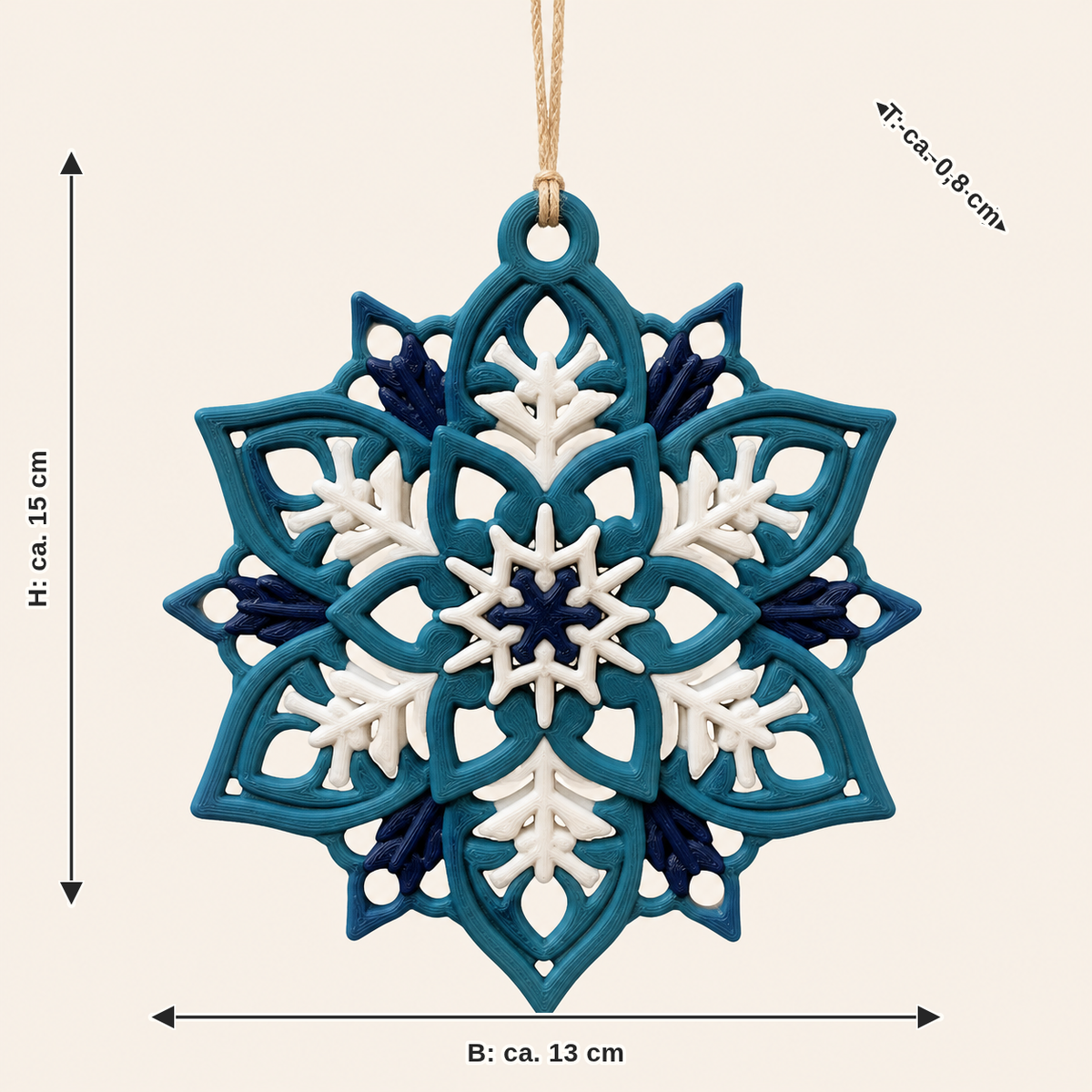 Maßbild für Eiskristall-Hängedeko Schneeflocke: Breite ca. 13 cm, Tiefe ca. 0.8 cm, Höhe ca. 15 cm