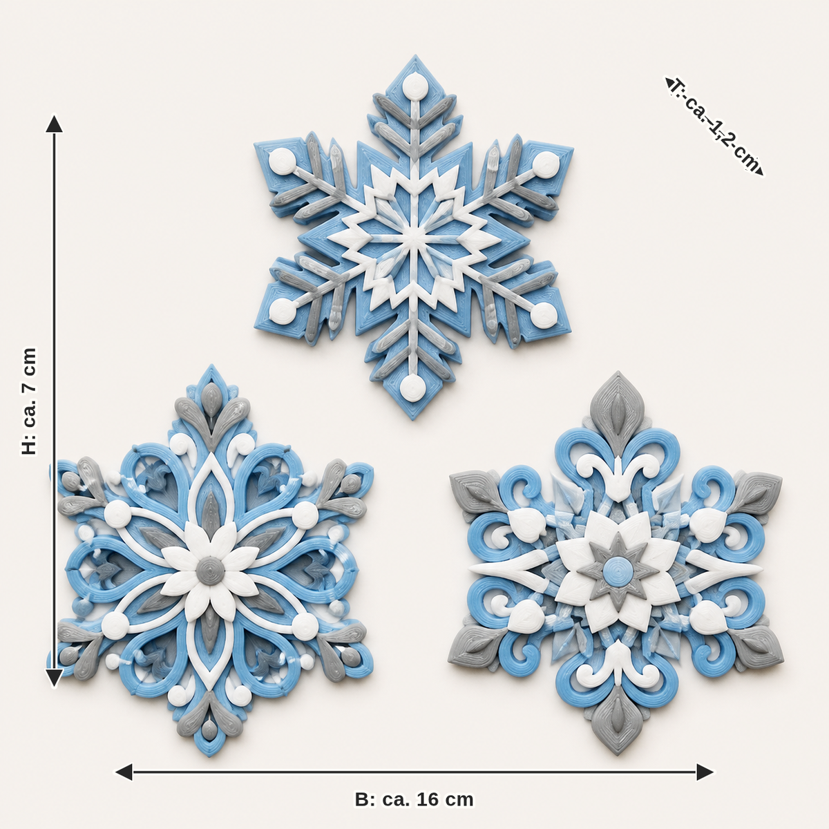 Maßbild für Eiskristall-Magnet-Set Flocken-Trio: Breite ca. 16 cm, Tiefe ca. 1.2 cm, Höhe ca. 7 cm