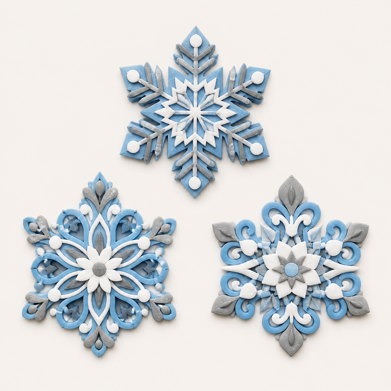 Eiskristall-Magnet-Set Flocken-Trio aus 3D-gedrucktem PETG in Eisblau, Schneeweiß, Silbergrau