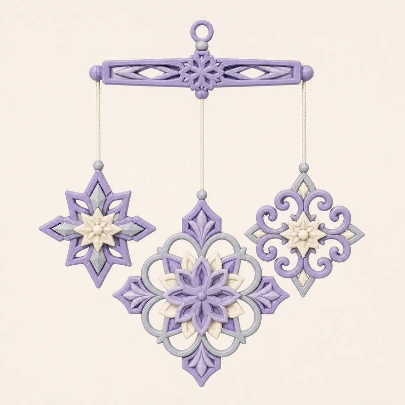 Ice crystal mobile ice dance from 3D-printed PETG in lavender, pearl grey, cream