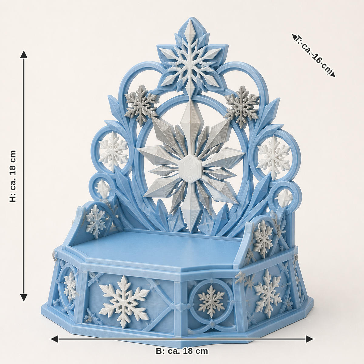 Maßbild für Eiskristall-Präsentationsständer Kristallbühne: Breite ca. 18 cm, Tiefe ca. 16 cm, Höhe ca. 18 cm