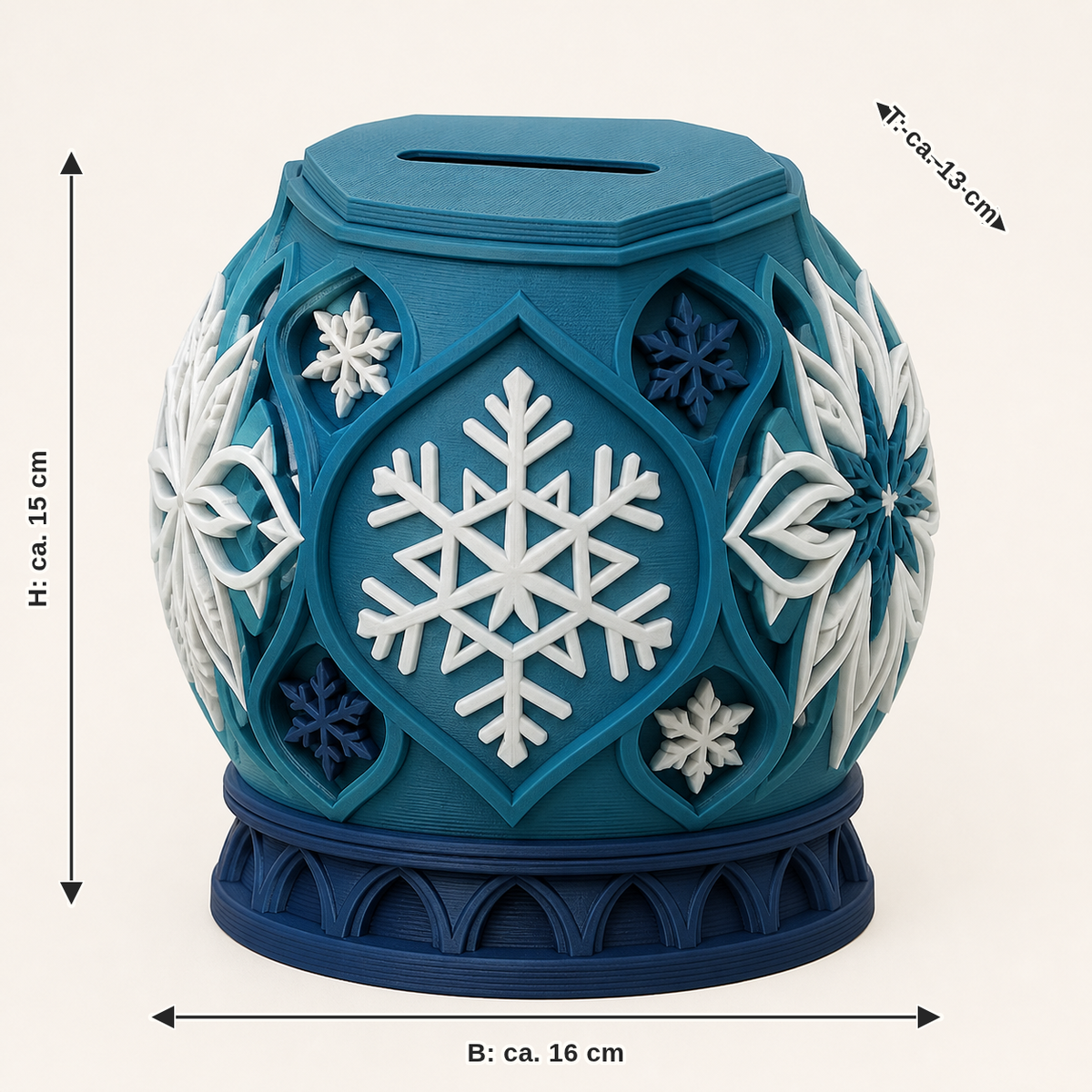 Maßbild für Eiskristall-Sparbüchse Eisfenster: Breite ca. 16 cm, Tiefe ca. 13 cm, Höhe ca. 15 cm