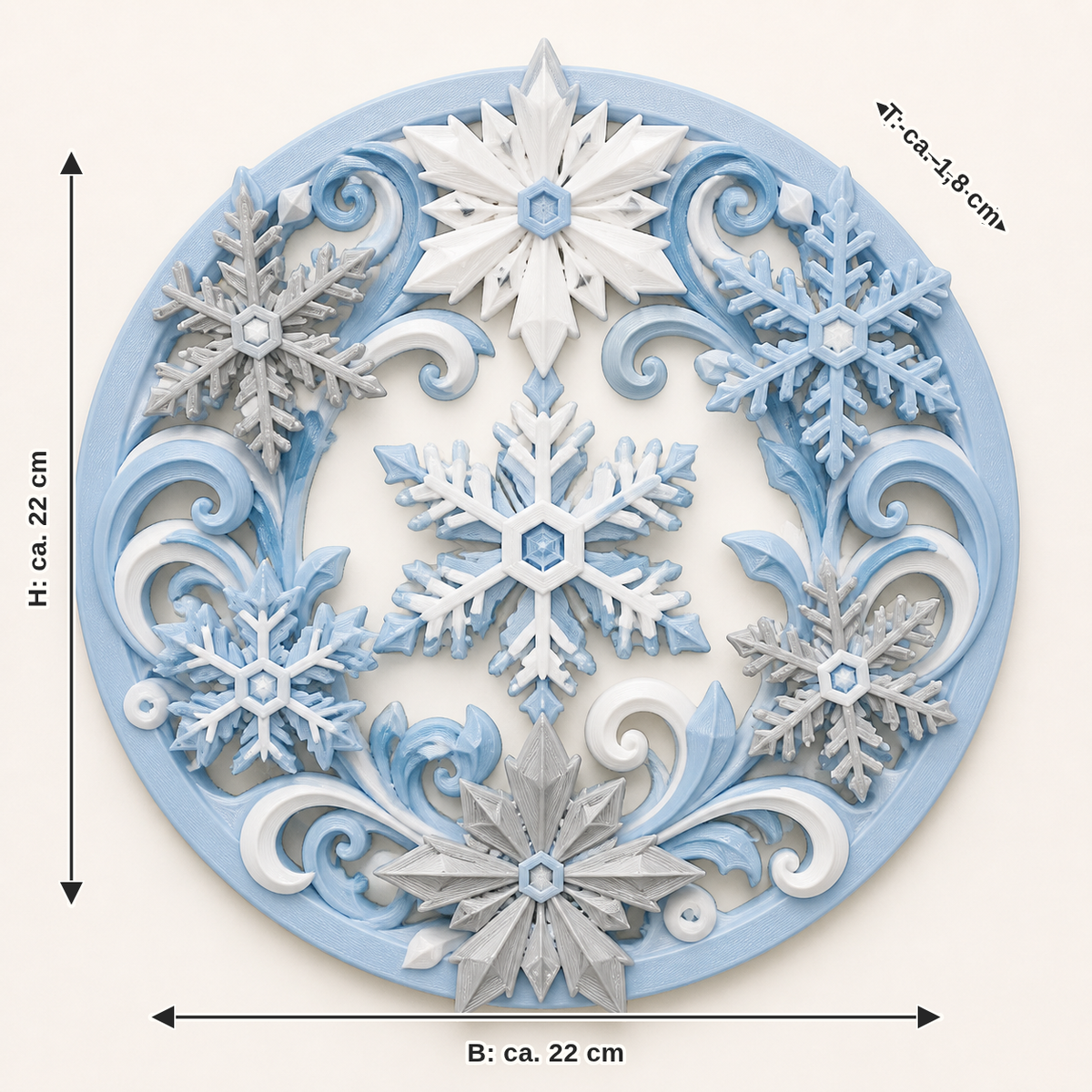 Maßbild für Eiskristall-Wandrelief Kristallkranz: Breite ca. 22 cm, Tiefe ca. 1.8 cm, Höhe ca. 22 cm