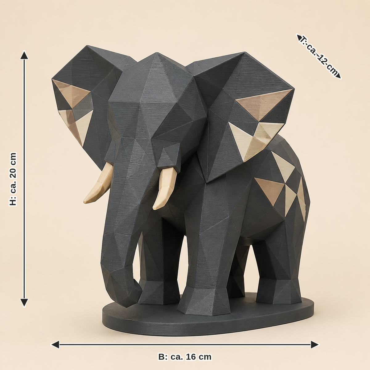 Maßbild für Elefant-Low-Poly-Skulptur Facettenfigur: Breite ca. 16 cm, Tiefe ca. 12 cm, Höhe ca. 20 cm
