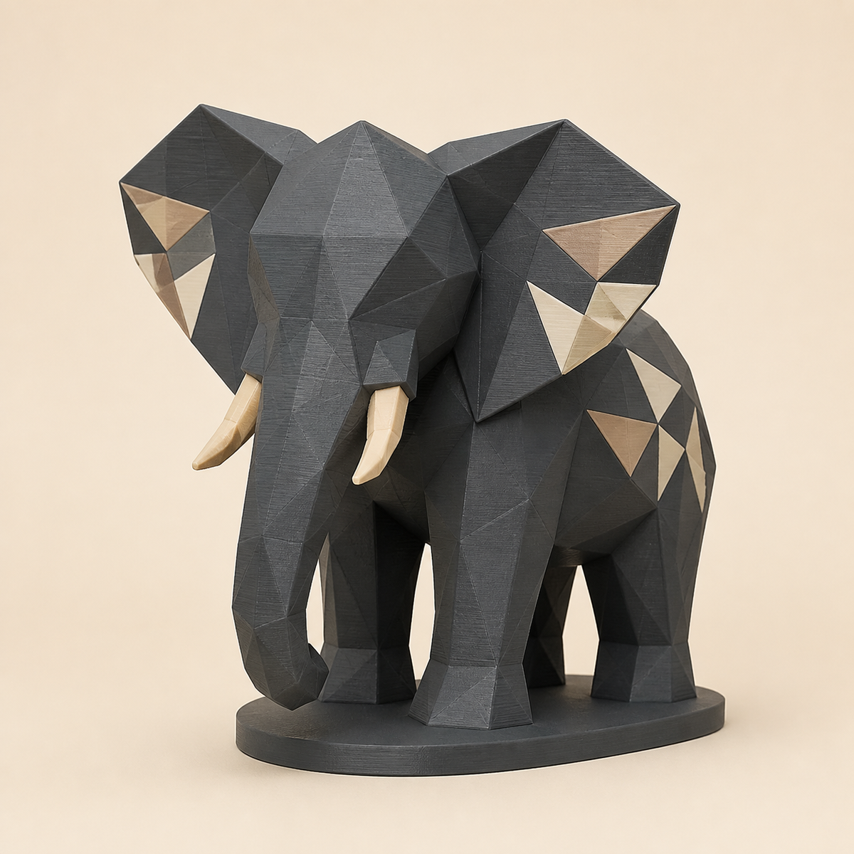 Elefant-Low-Poly-Skulptur Facettenfigur aus 3D-gedrucktem PETG in Anthrazit, Sandbeige, Knochenweiß