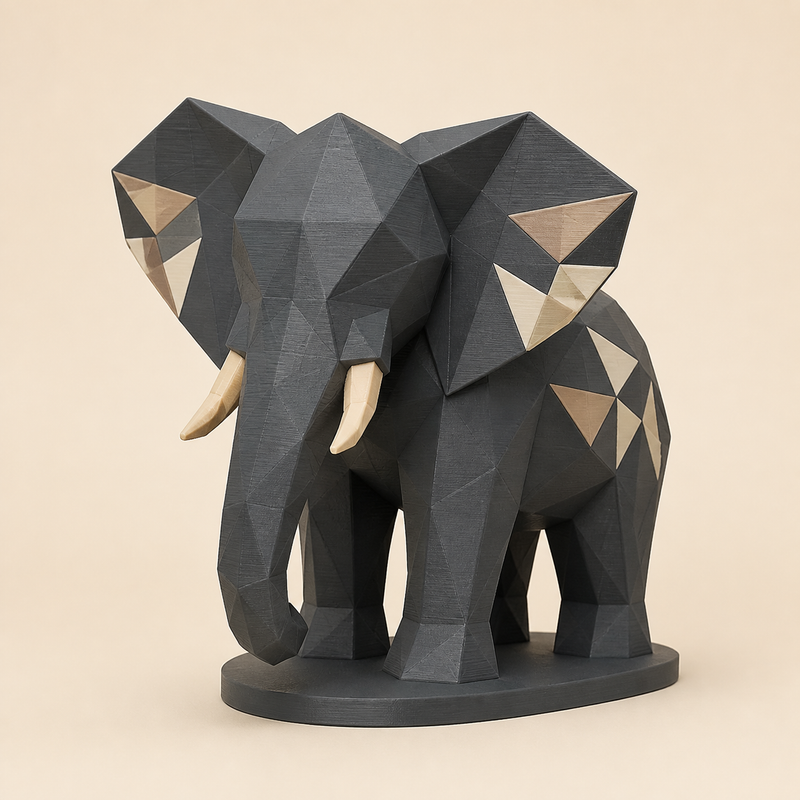 Elefant-Low-Poly-Skulptur Facettenfigur aus 3D-gedrucktem PETG in Anthrazit, Sandbeige, Knochenweiß