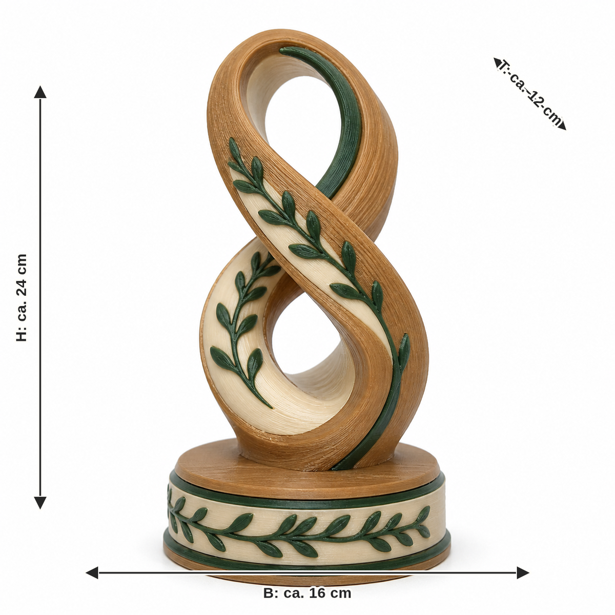 Maßbild für Endlosschleifen-Skulptur mit Blätterranken: Breite ca. 16 cm, Tiefe ca. 12 cm, Höhe ca. 24 cm