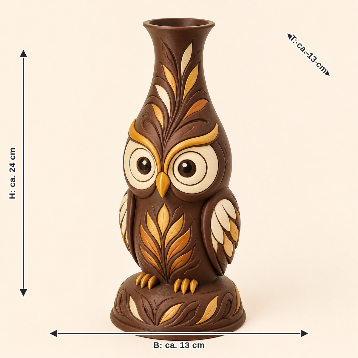 Maßbild für Eule-Trockenblumen-Vase Silhouettenvase: Breite ca. 13 cm, Tiefe ca. 13 cm, Höhe ca. 24 cm