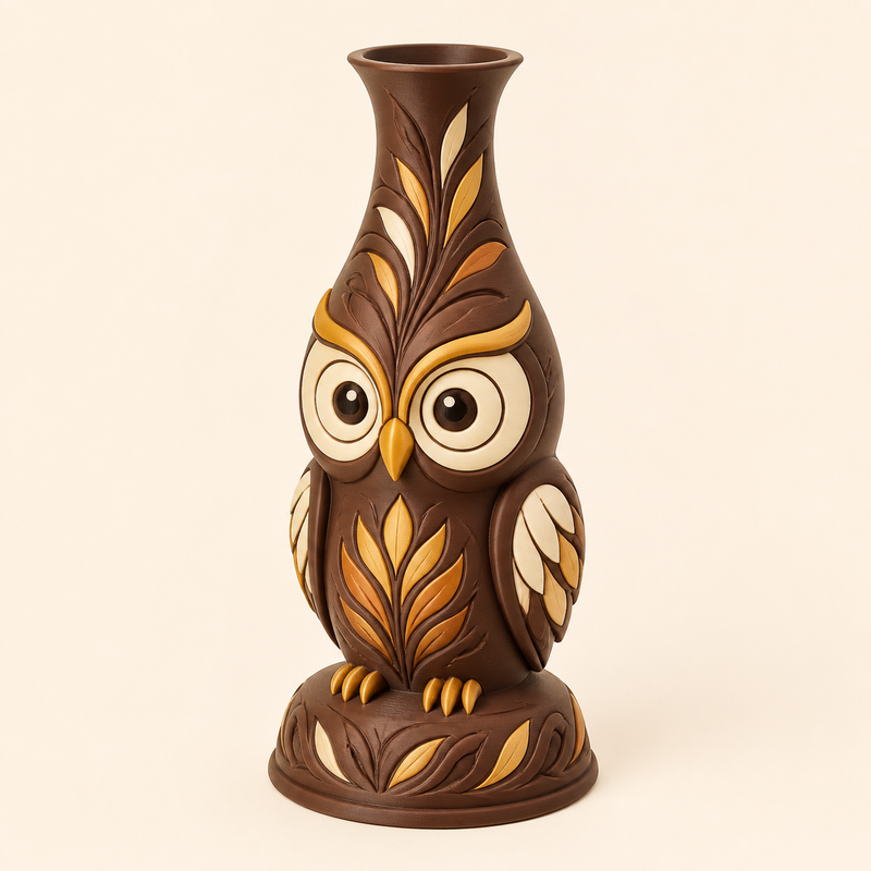 Eule-Trockenblumen-Vase Silhouettenvase aus 3D-gedrucktem PETG in Kastanienbraun, Ockergelb, Knochenweiß