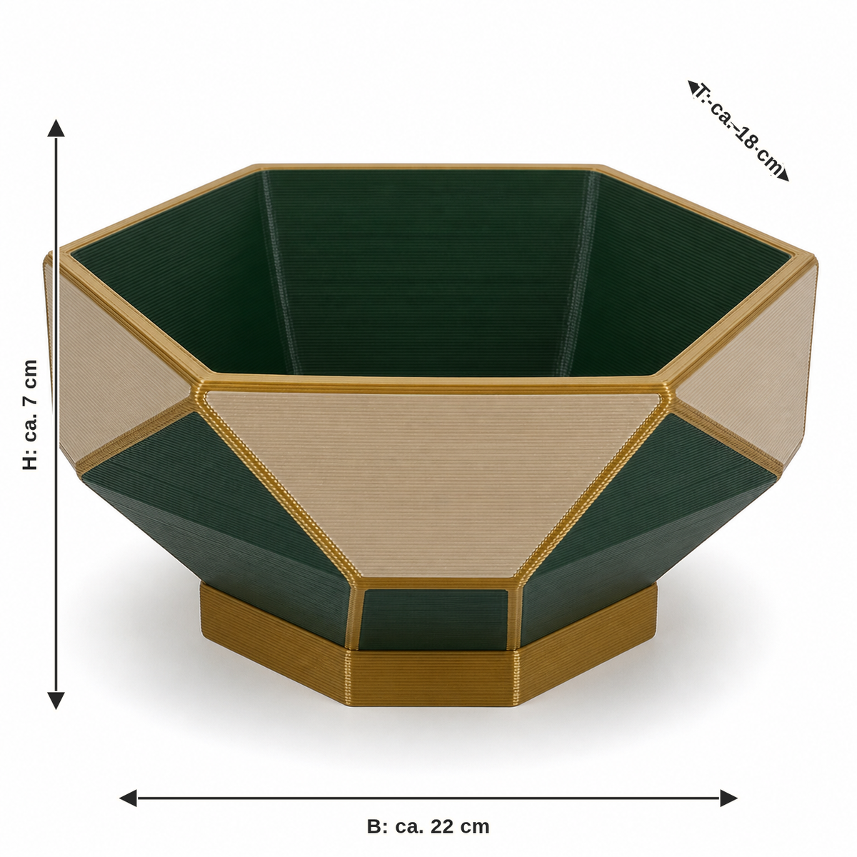 Maßbild für Facettenschale Smaragdgold: Breite ca. 22 cm, Tiefe ca. 18 cm, Höhe ca. 7 cm