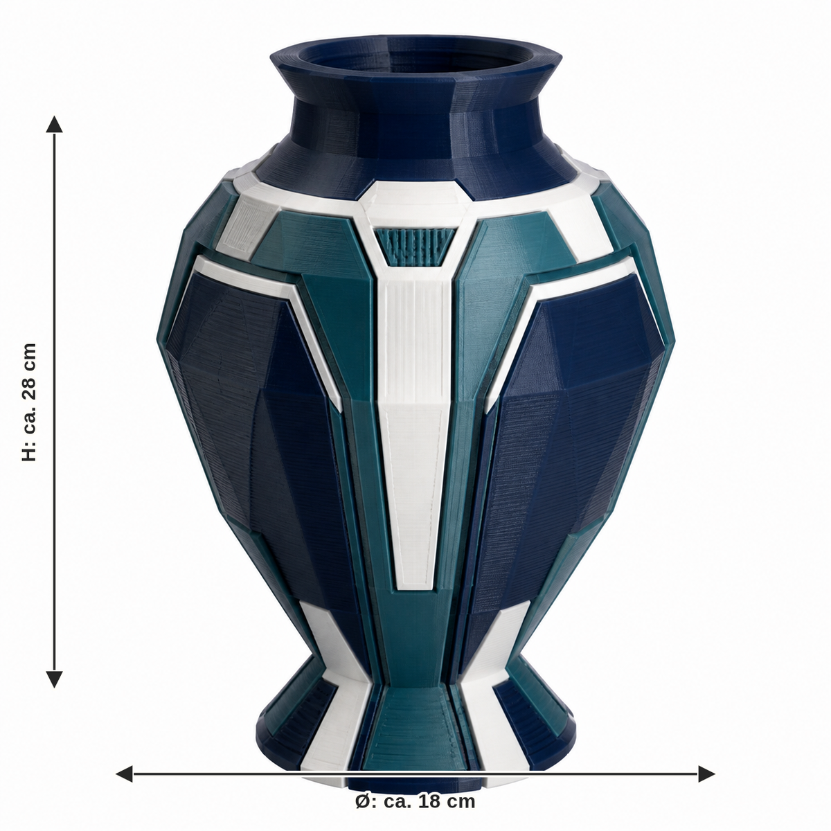 Dimensional image for Faceted Amphoral Vase in teal and white: diameter approx. 18 cm, height approx. 28 cm