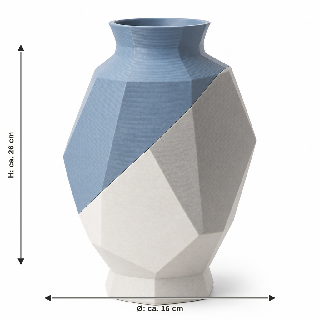 Maßbild für Facettierte Bauchvase in Blau und Grau: Durchmesser ca. 16 cm, Höhe ca. 26 cm