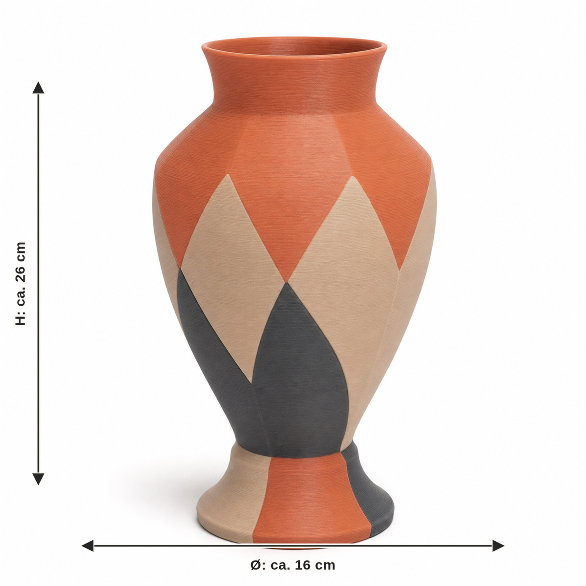 Maßbild für Facettierte Bauchvase in Terrakotta: Durchmesser ca. 16 cm, Höhe ca. 26 cm