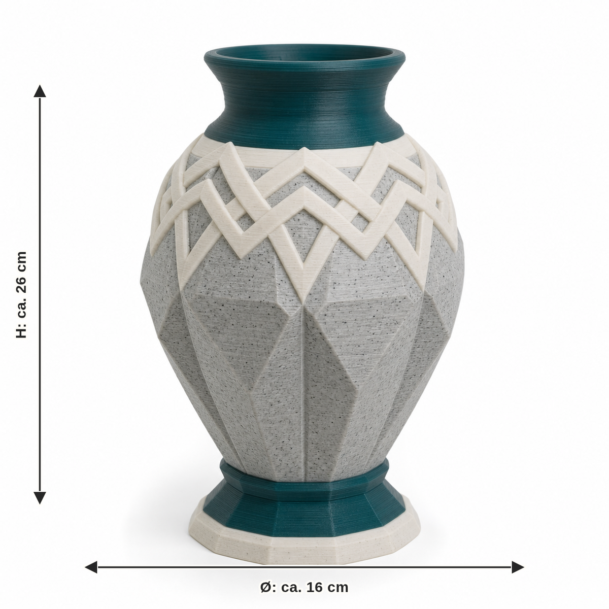 Maßbild für Facettierte Bauchvase mit hellem Runenkranz: Durchmesser ca. 16 cm, Höhe ca. 26 cm