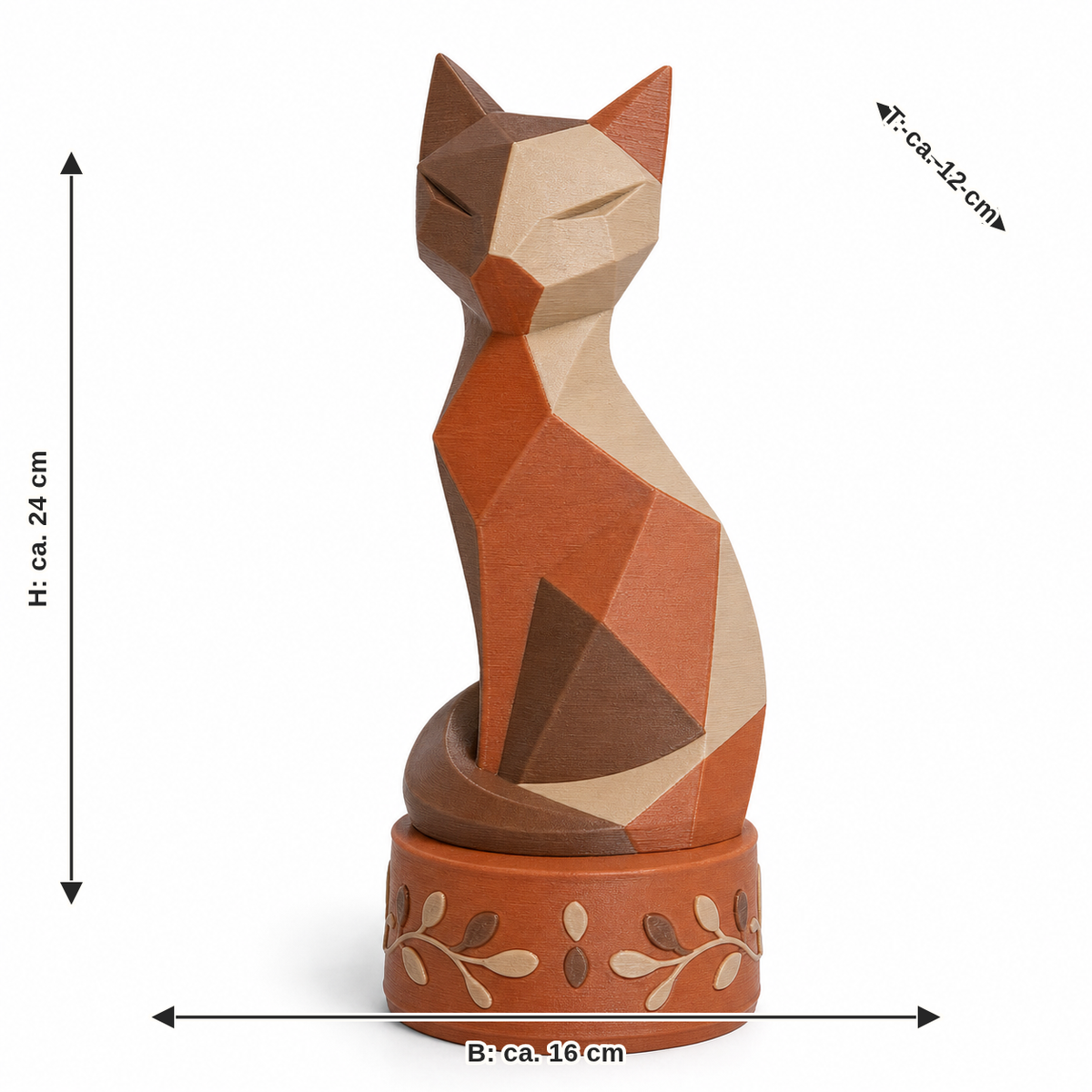 Maßbild für Facettierte Katzenfigur auf Blütensockel: Breite ca. 16 cm, Tiefe ca. 12 cm, Höhe ca. 24 cm