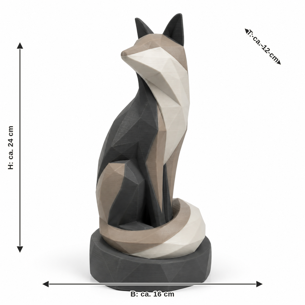 Maßbild für Facettierte Katzenfigur in ruhigen Naturfarben: Breite ca. 16 cm, Tiefe ca. 12 cm, Höhe ca. 24 cm