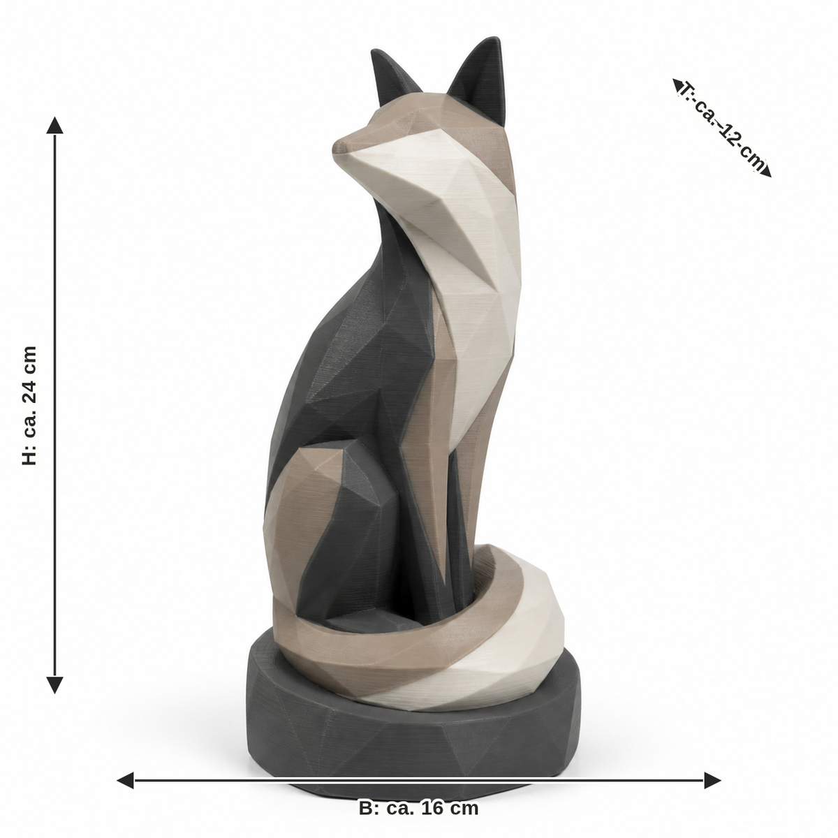 Maßbild für Facettierte Katzenfigur in ruhigen Naturfarben: Breite ca. 16 cm, Tiefe ca. 12 cm, Höhe ca. 24 cm