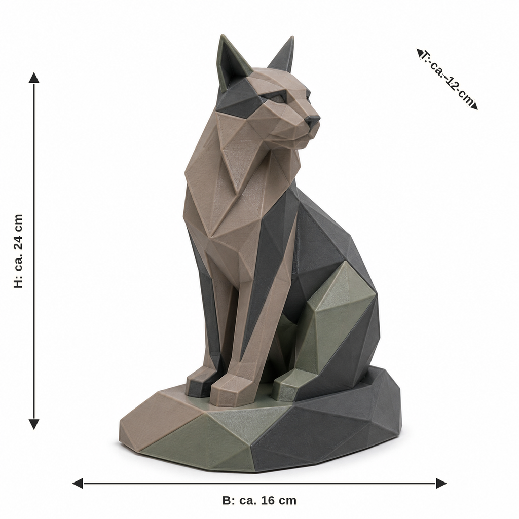 Maßbild für Facettierte Katzenfigur in Taupe und Salbei: Breite ca. 16 cm, Tiefe ca. 12 cm, Höhe ca. 24 cm