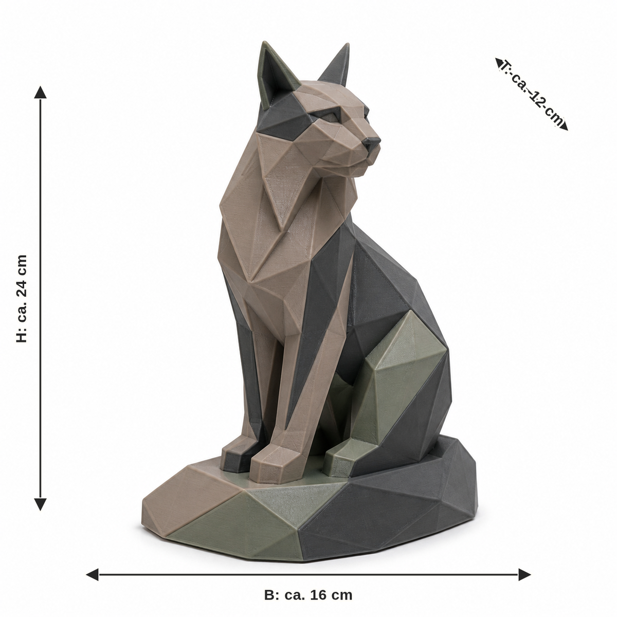 Maßbild für Facettierte Katzenfigur in Taupe und Salbei: Breite ca. 16 cm, Tiefe ca. 12 cm, Höhe ca. 24 cm